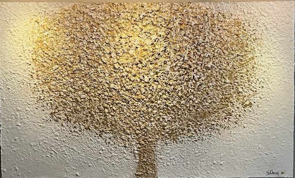 Golden Tree of Life, Louise Courey’s original textured gold tree with hundreds of little gold hearts