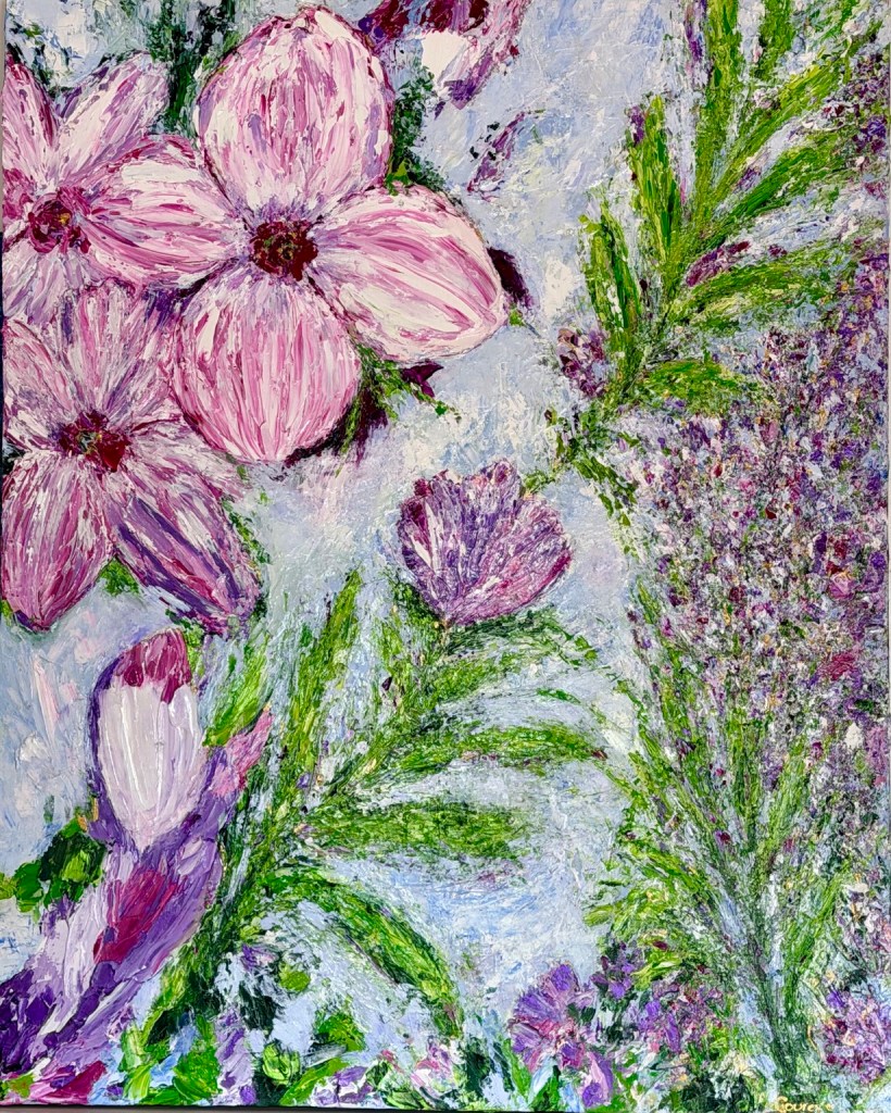 Les fleurs de Sandra, a textured pink and lavender floral commission